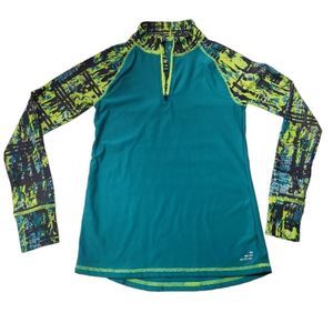 BCG Blue/Green Long-Sleeve Half-Zip Cut-Out Thumb Hole Althletic‎ Shirt Size L